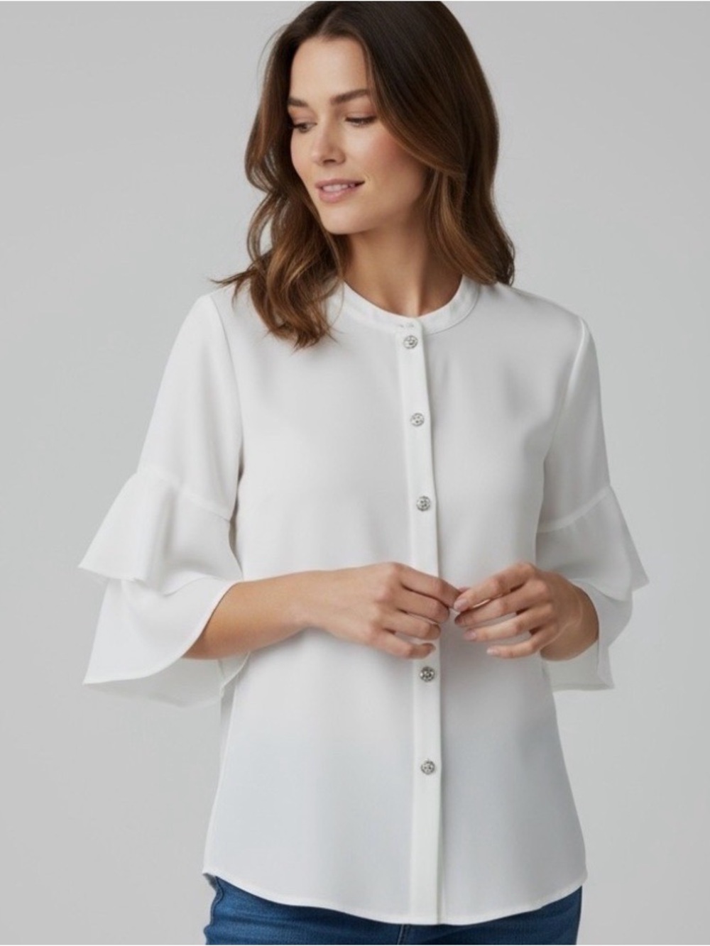 White Bell Sleeve Blouse, XS Button Front Flowy Top Boho Chic